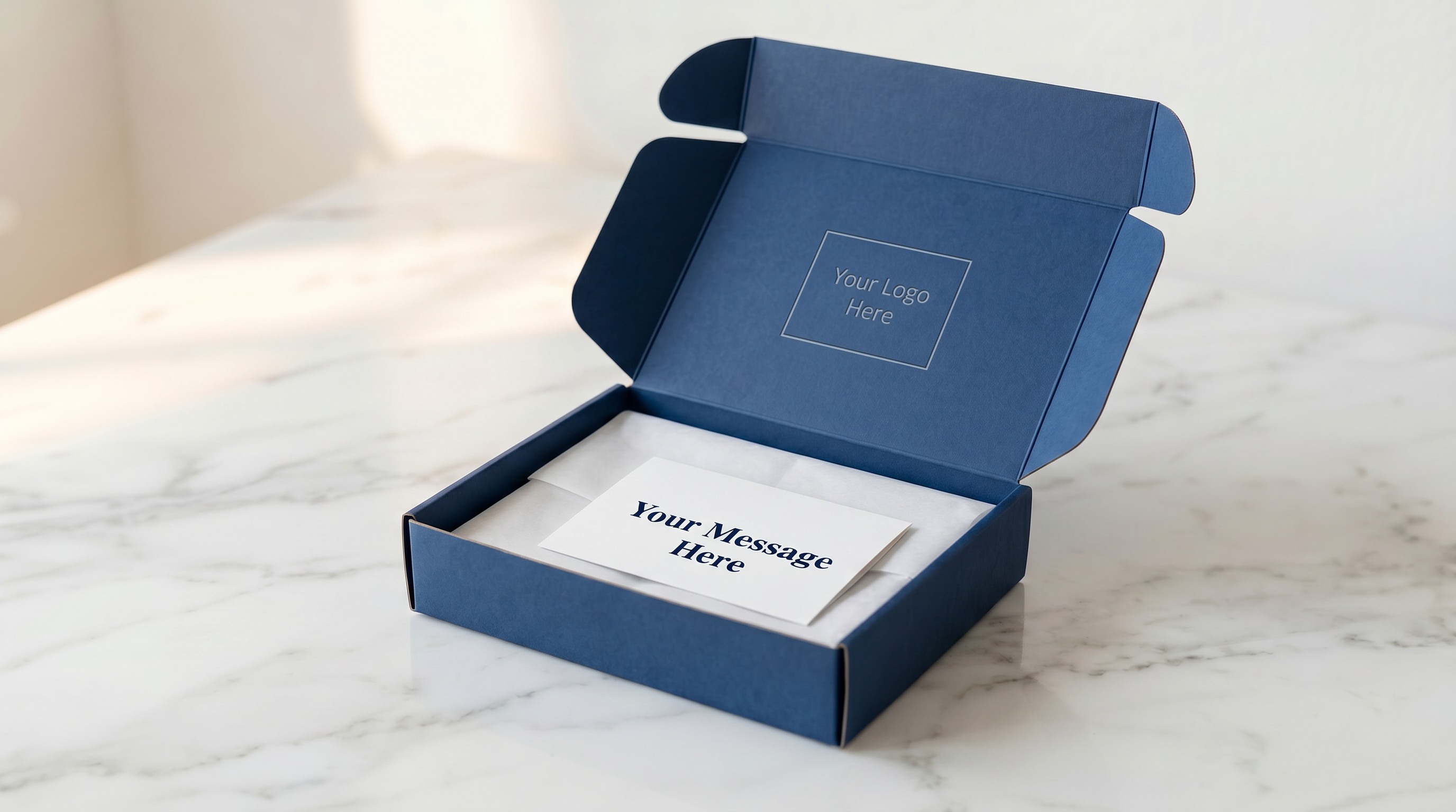 Open navy blue mailer box with personalized note card on marble surface
