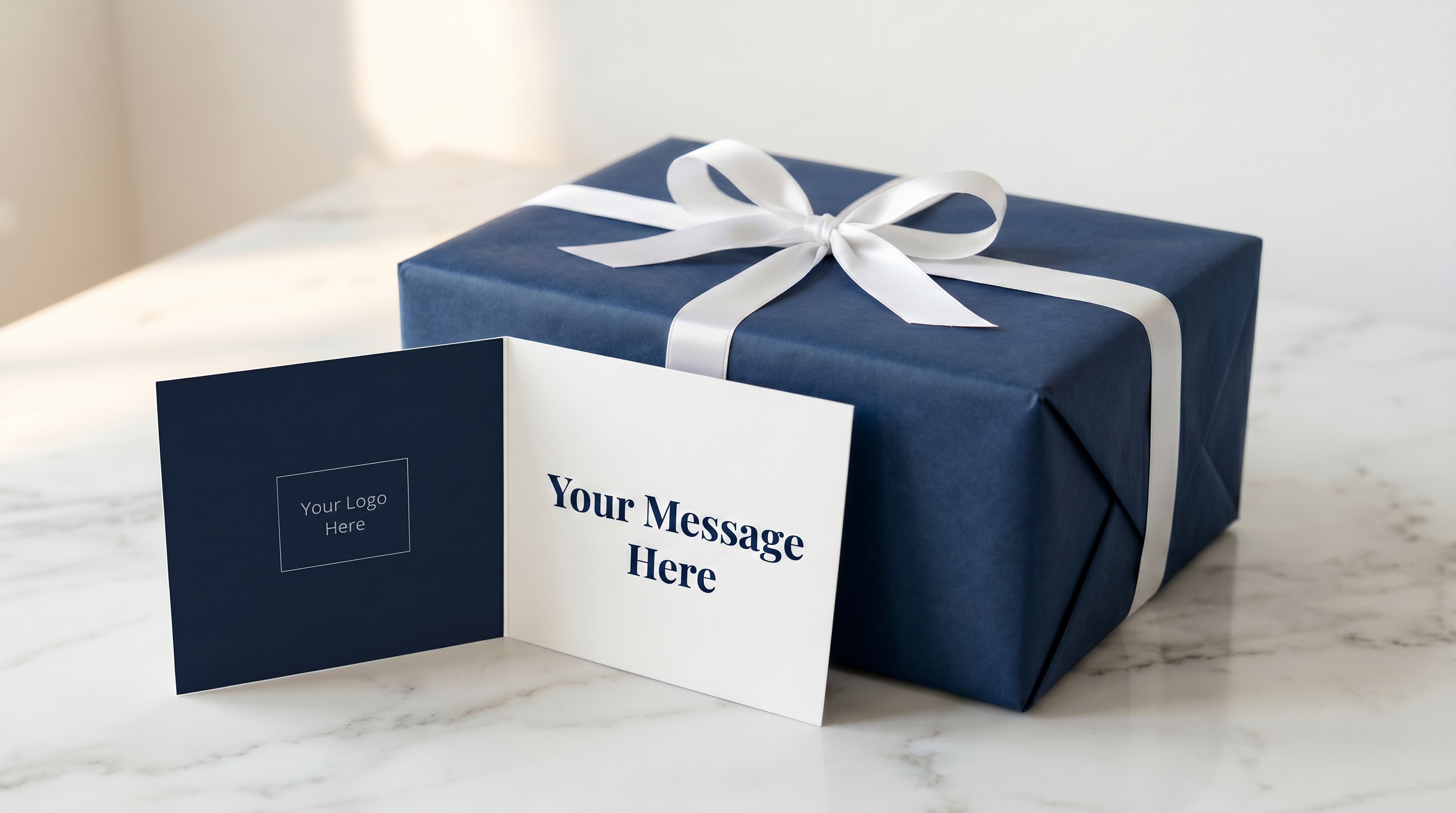 Navy blue gift box with white ribbon and personalized note cards